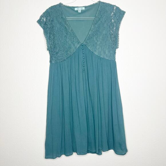 SHE & SKY Lace Mini Dress V-Neck Button Front Cap Sleeve Teal Blue Size Medium - Picture 10 of 10